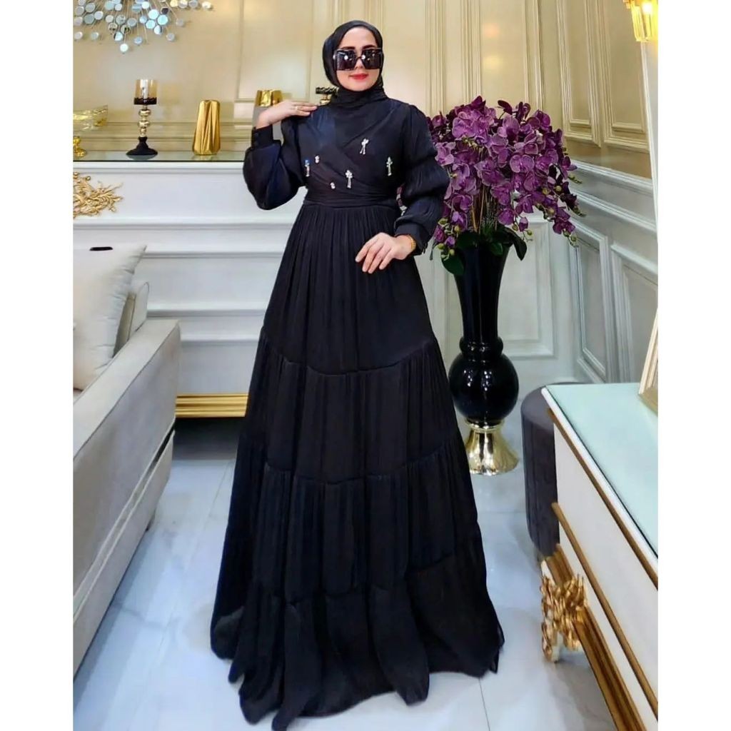 MDS - Gamis Pesta Rihana Dress Gamis Hitam Dress 8 Warna Gamis Bahan Santorini Baju Pesta Dress Shim