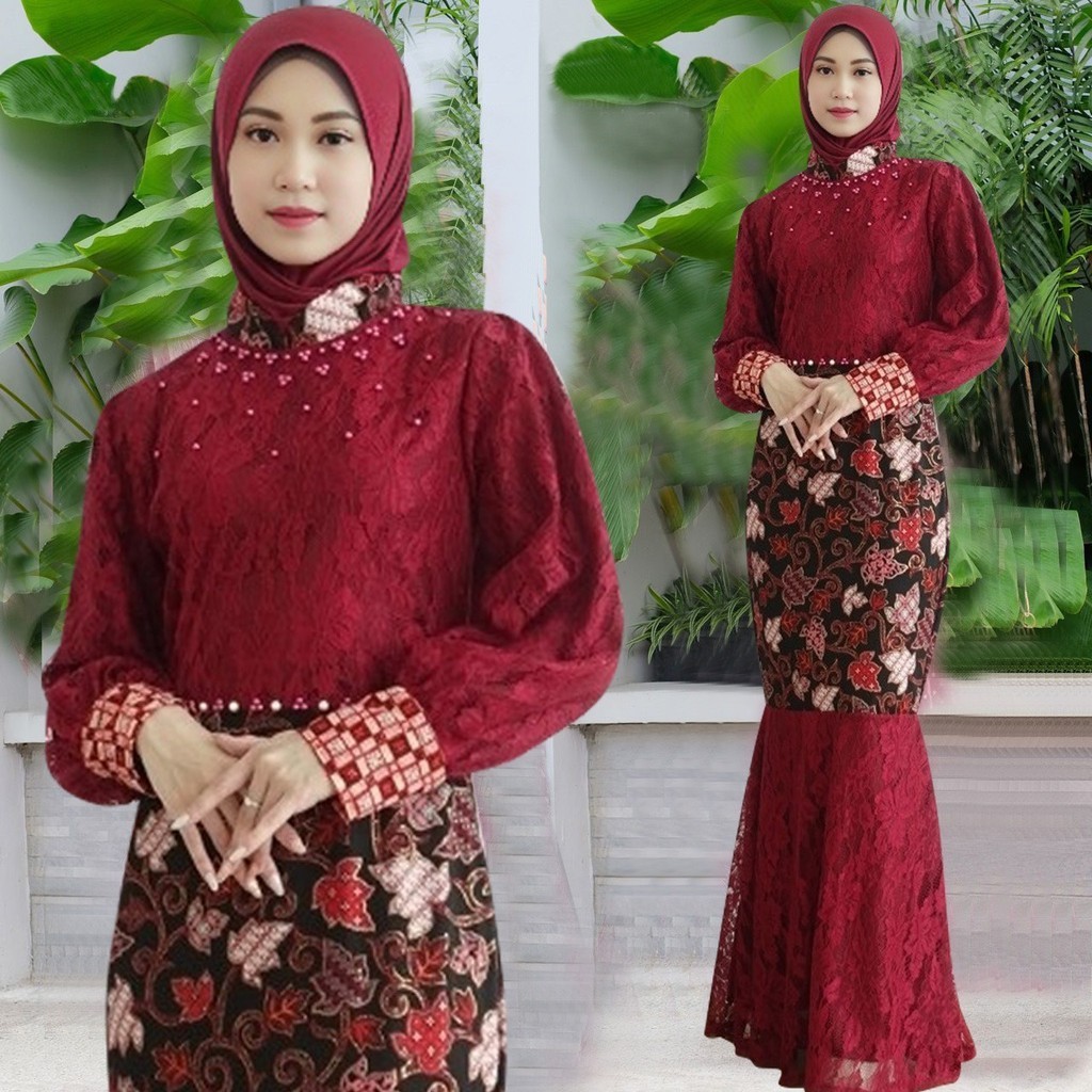 baju dress brukat muslim wanita model duyung kombinasi batik premium full ukuran lengkap (no pasmina