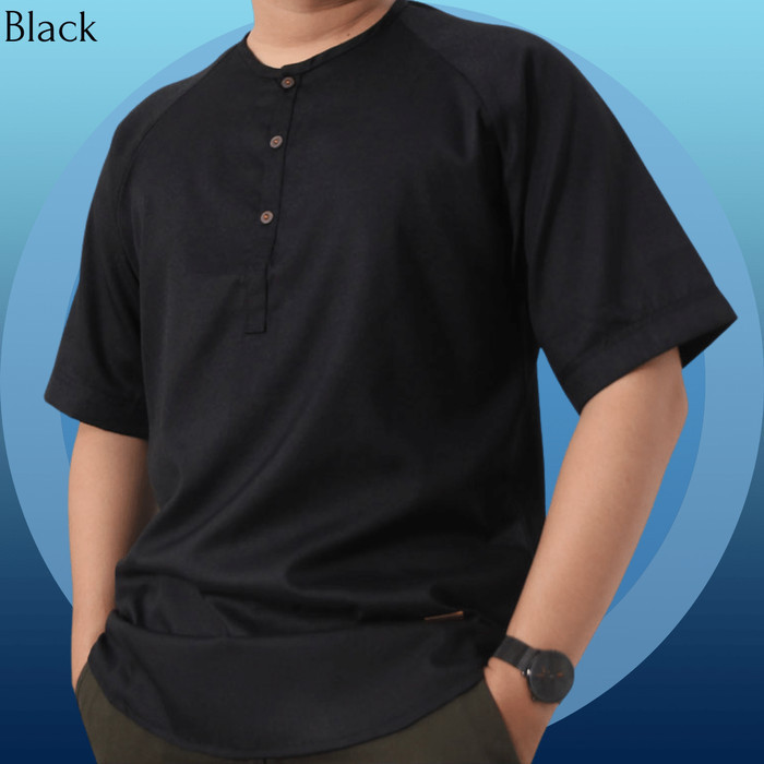 promosi toko Baju Muslim Kemeja Koko Pria Dewasa Lengan Pendek Cardinal Motif Polos - Black, L