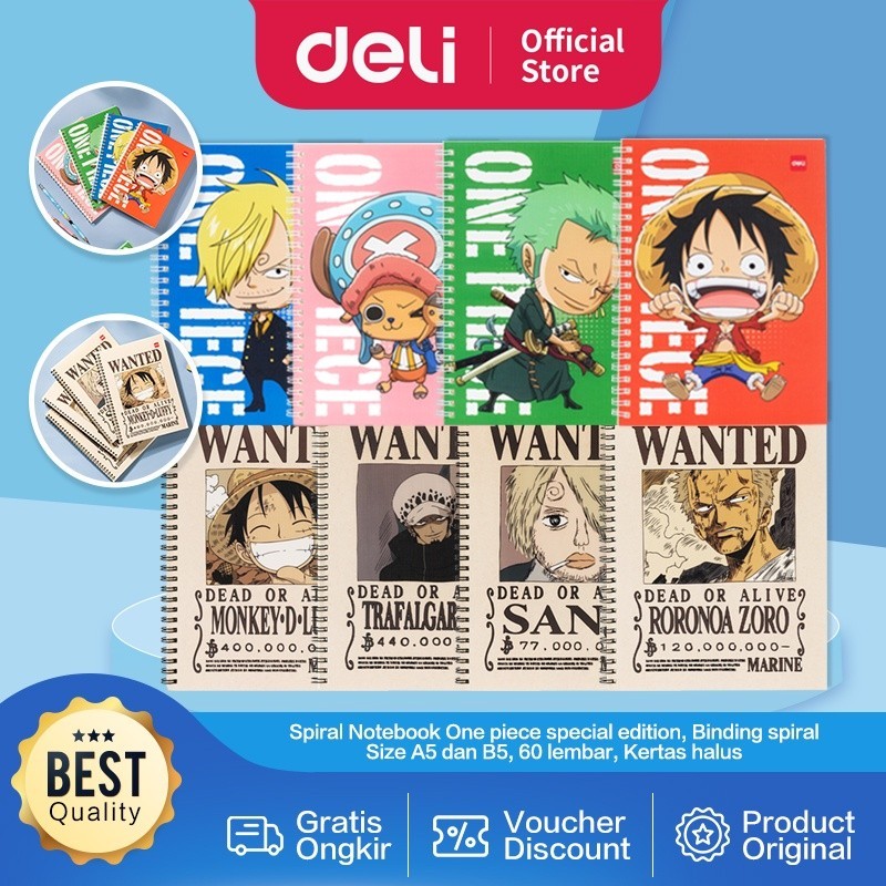 

Deli One Piece Spiral Notebook / Buku Tulis Buku Catatan Spiral A5 B5 60 Lembar 70 GSM One Piece Kertas Halus EN004 EN003