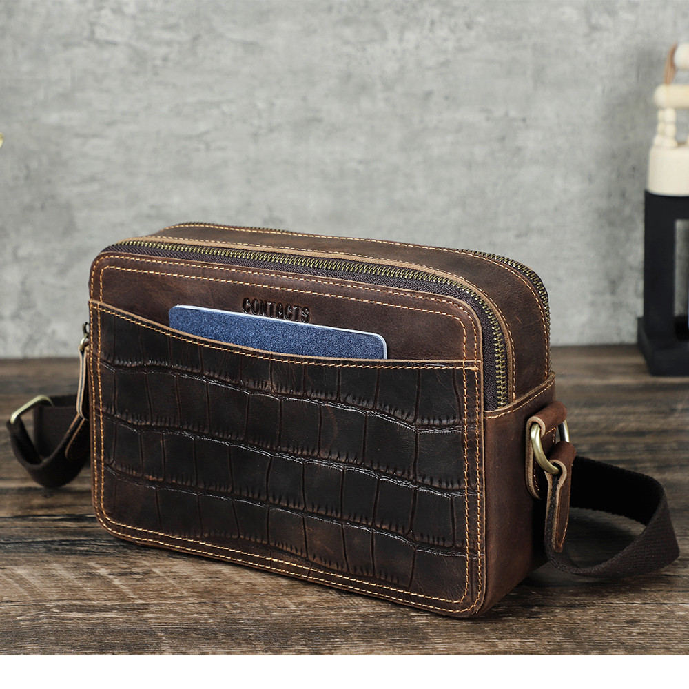 Tas Selempang Kulit Kuda Gila Kustom Kontak Pria dengan Tekstur Buaya Tas Bahu Selempang Samping Pri