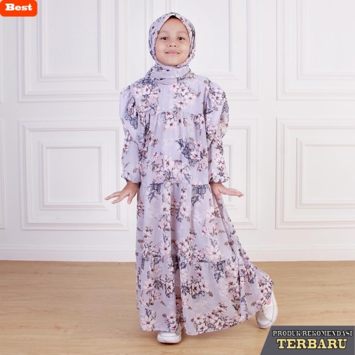 gamis terbaru 2025 simpel elegan Dungdungkids Gamis Anak Ghasani Ceruty Motif Bunga Pita Lengan Seru