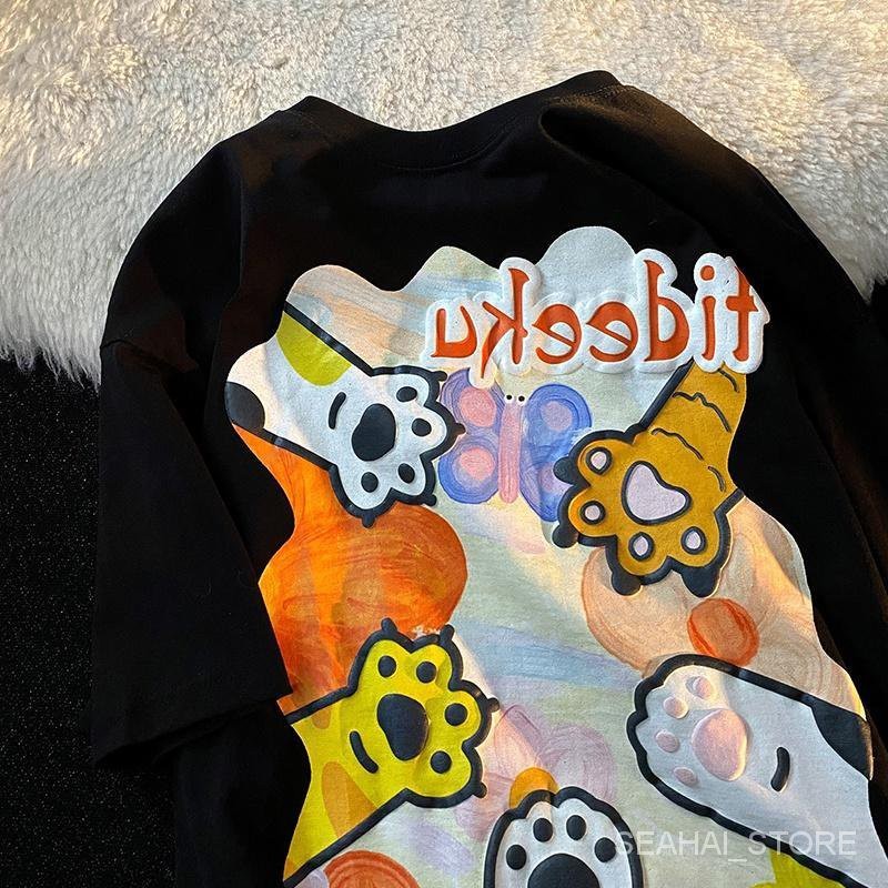 

（Free shipping nationwide） (240g100% cotton） 2024Cute and Funny Graffiti Half Sleeve T-shirt Women's Spring/Summer Loose Vintage Short Sleeve Top Trend