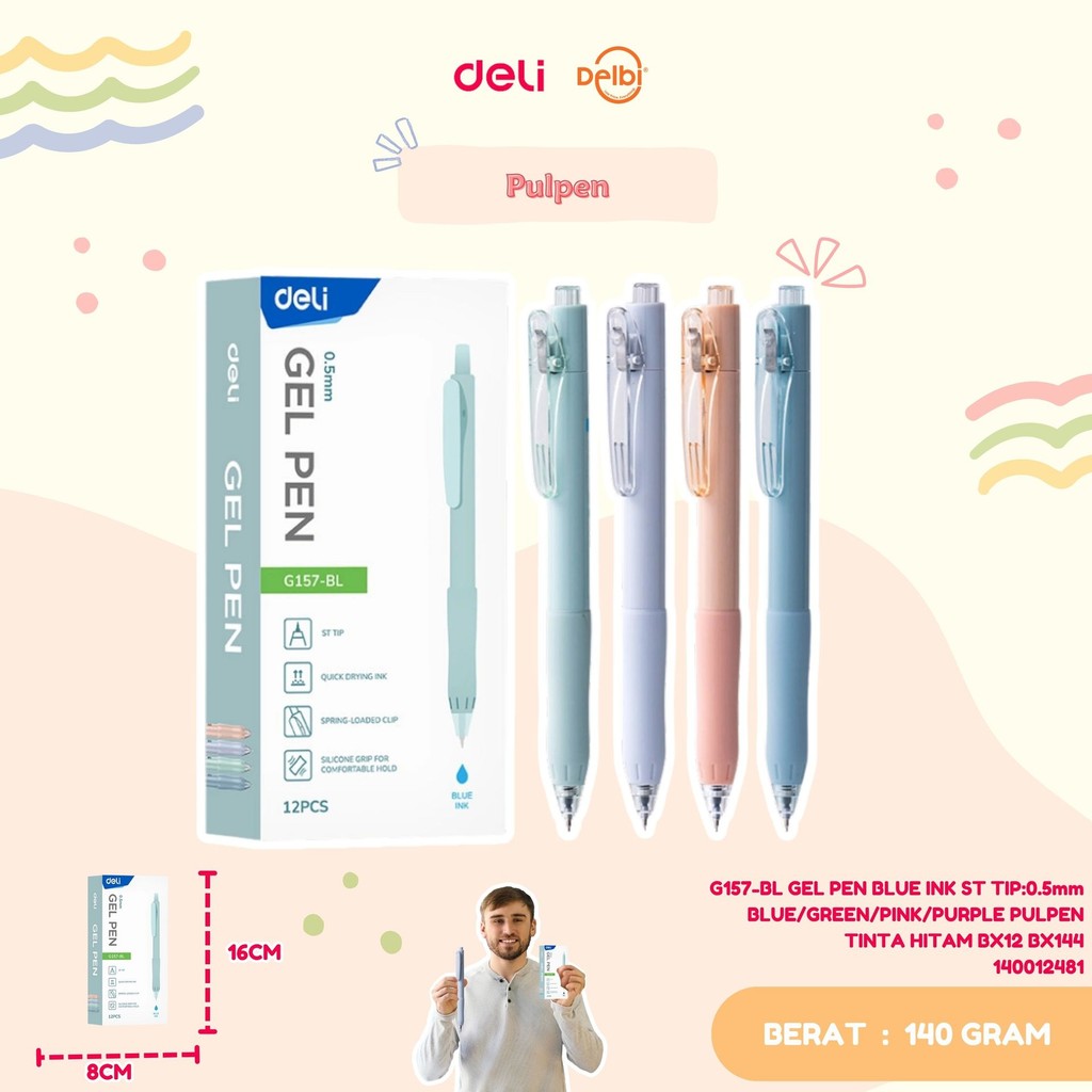 

DELI G157-BL GEL PEN BLUE INK ST TIP:0.5mm BLUE/GREEN/PINK/PURPLE PULPEN TINTA HITAM
