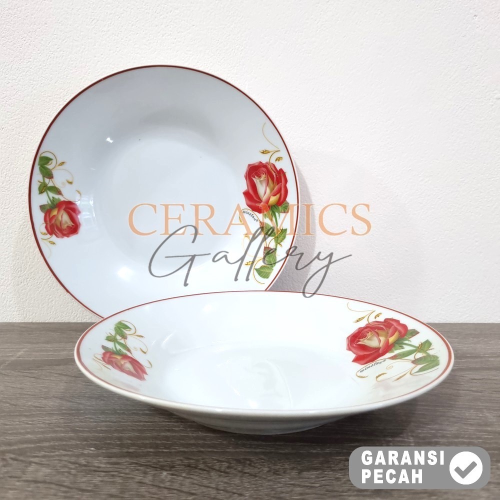 WINSTON 1pcs Plate Keramik ROSE RED KUPU 8in Piring Makan Piring Sop 20cm
