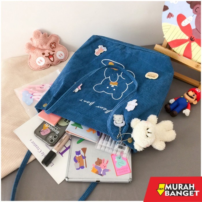 tas selempang wanita simple elegan Mismi Hills Tote Bag Tas Selempang Wanita Korduroi Korea Beruang 