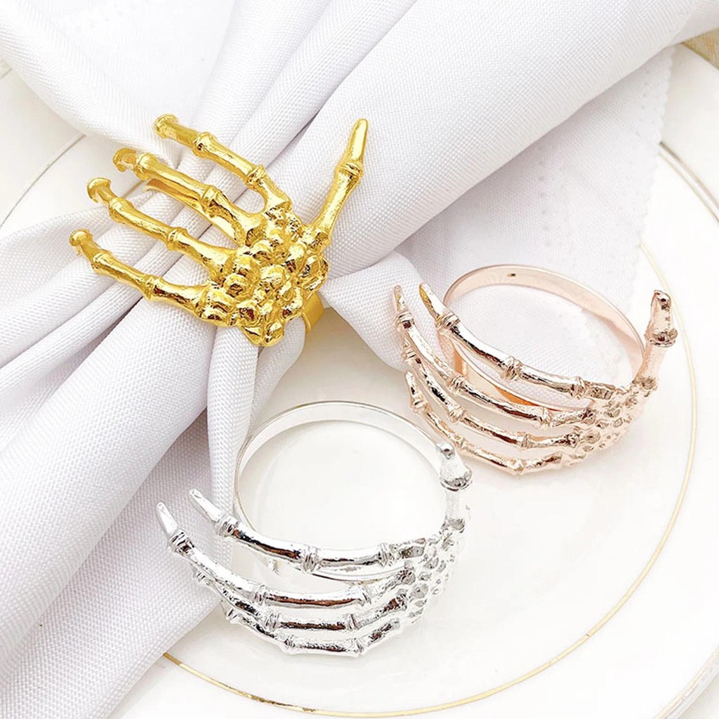 6Pcs Skeleton Hand Napkin Ring Halloween Party Napkin Rings Gold Silver Rose Gold Black Alloy Metal 