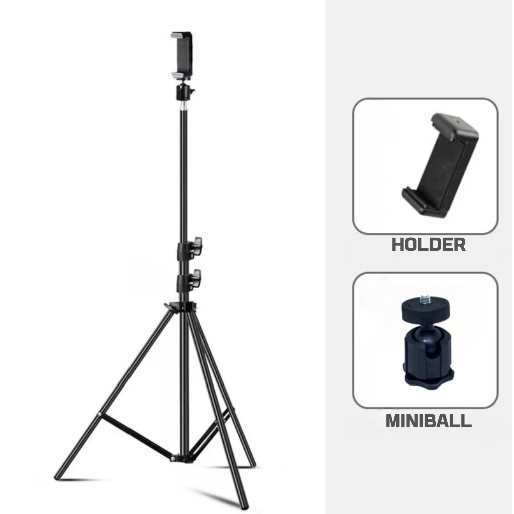 Tripod Hp 2 Meter Besi Aluminium Alloy - Stand Tripot Handphone Free Holder Miniball 360 Derajat-TRIPOD 2M + HOLDER E