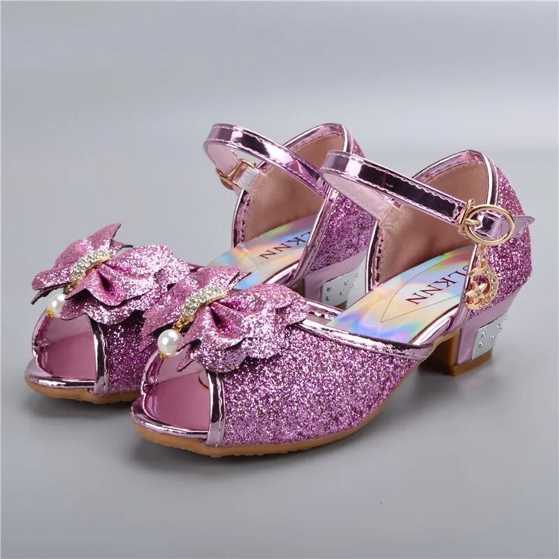 Sepatu Anak-anak Sepatu Putri Hak Tinggi Berkilau Busur Kristal Diskon Besar Sandal Mulut Ikan Anak 