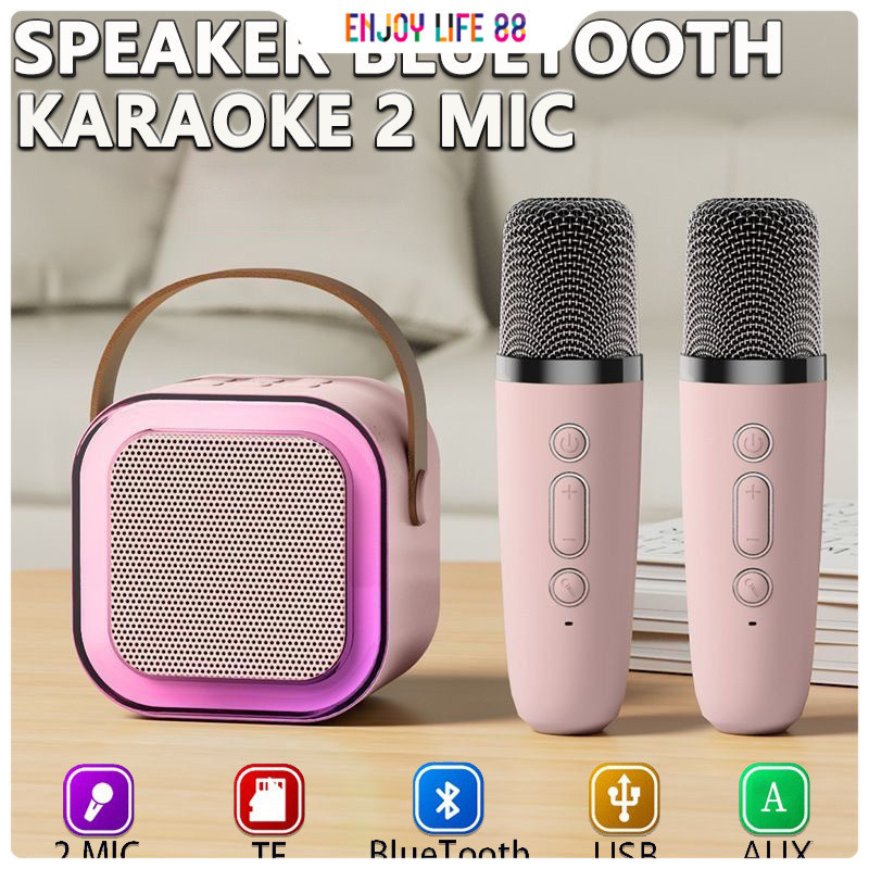 	 Speaker Bluetooth Plus Mic Actual Bluetooth Mini Speaker Karaoke Speaker Portable with 2 MIC 1 SET Mini Machine Bluetooth MP3 Player Full Bass Wireless Karaoke	