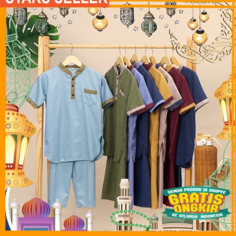 SET KEMEJA KOKO AZIMA SETELAN PAKAIAN ANAK JUNIOR COWOK/ Pink Dusty Fanta Merah muda