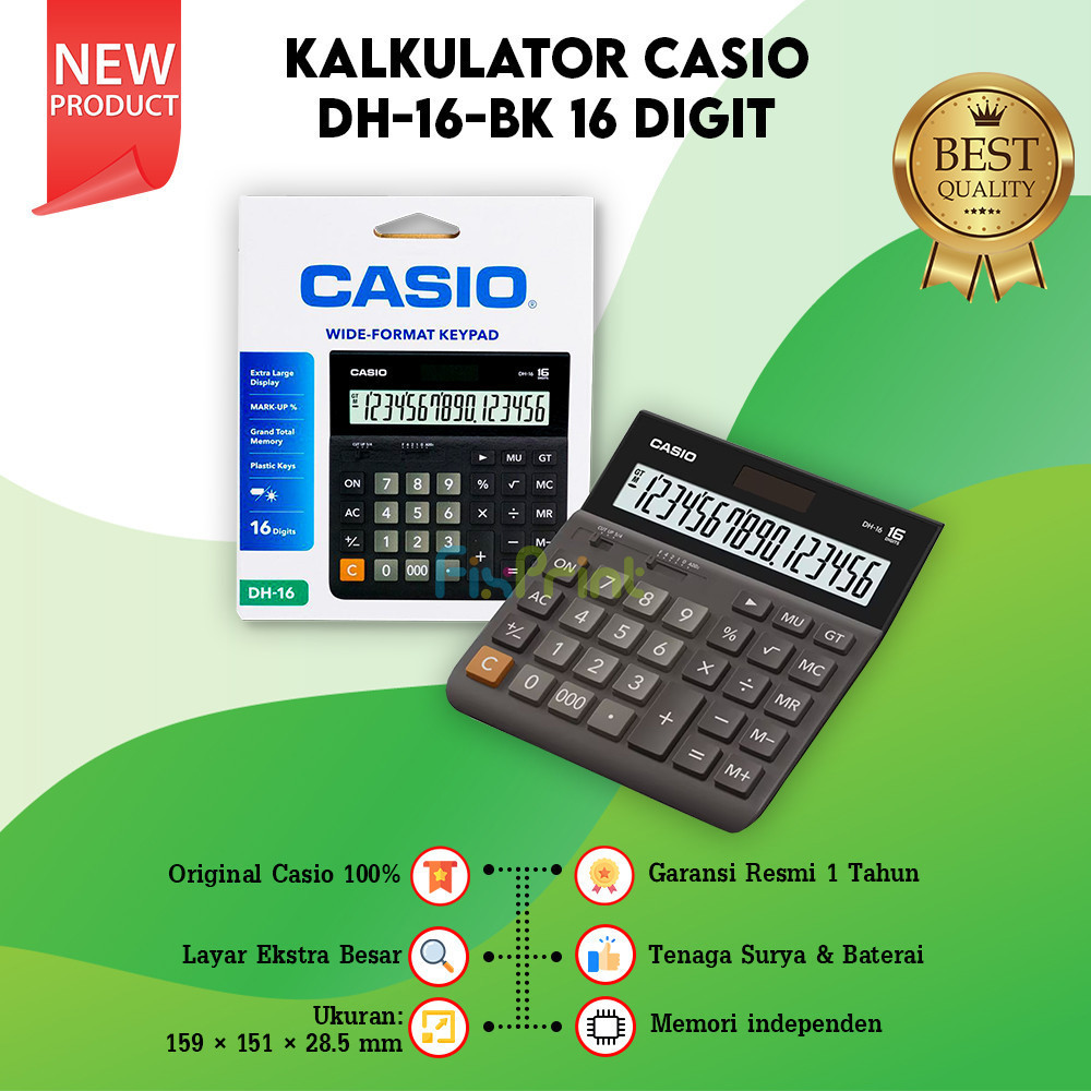 

Calculator Casio DH-16 16 Digit Black, Desktop Office DH-16-BK 16 Digits Kalkulator Kantor New Original