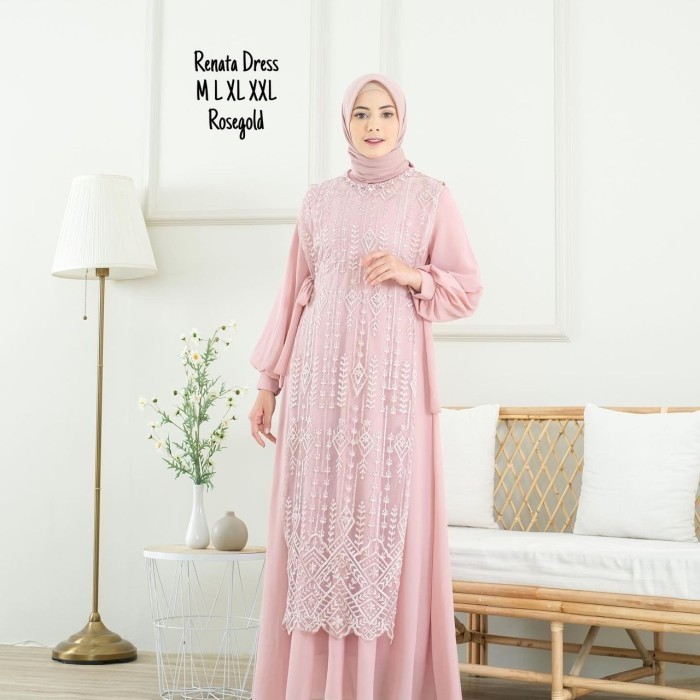 *BEST SELLER*- gamis renata / dress muslimah / gamis rompi / gamis Payet /dress rompi - rose gold, M