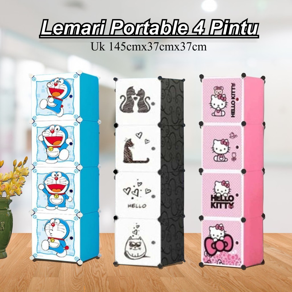 NEW ! LEMARI PLASTIK 4 SUSUN MOTIF BERAGAM KARAKTER KARTUN /LEMARI PLASTIK PORTABLE BONGKAR PASANG L
