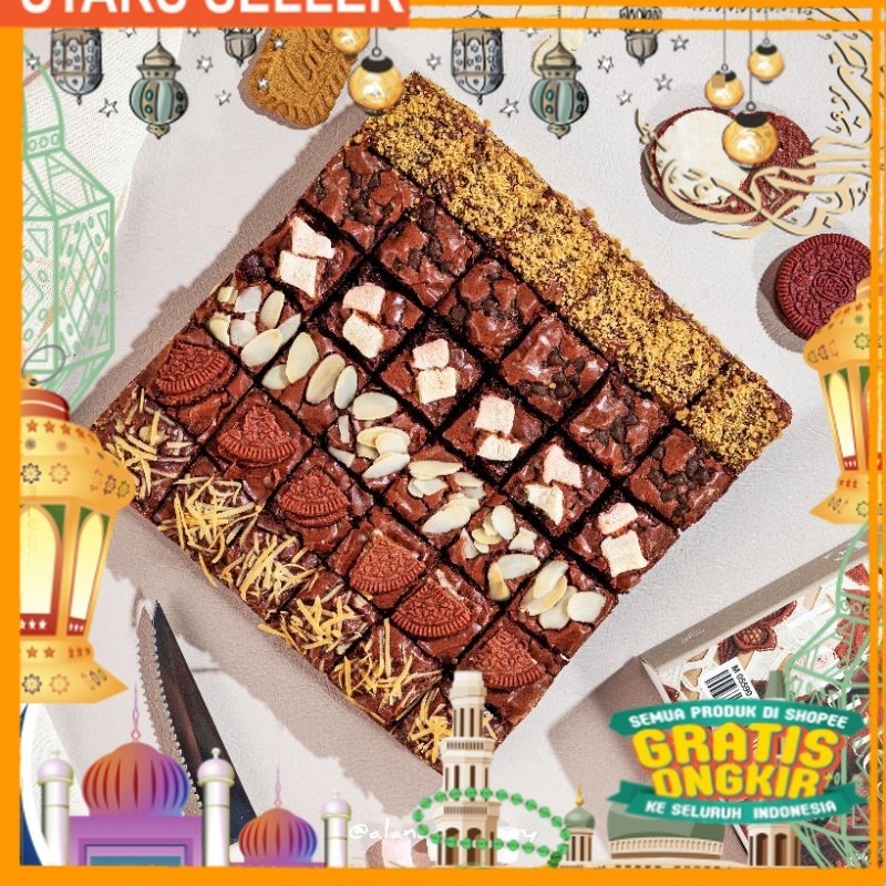 

FUDGY BROWNIS COKLAT PREMIUM UK. 24X24CM ISI 36PCS (BROWNIS SEKAT berbagai pilihan topping)/ King J Snack