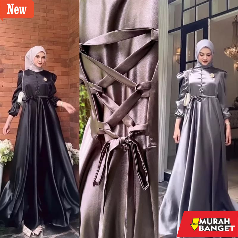 Gamis pesta- Aurelin Dress | Dress Silk Kondangan | Gamis Satin Kekinian | Dress Lengan Balon | Dres
