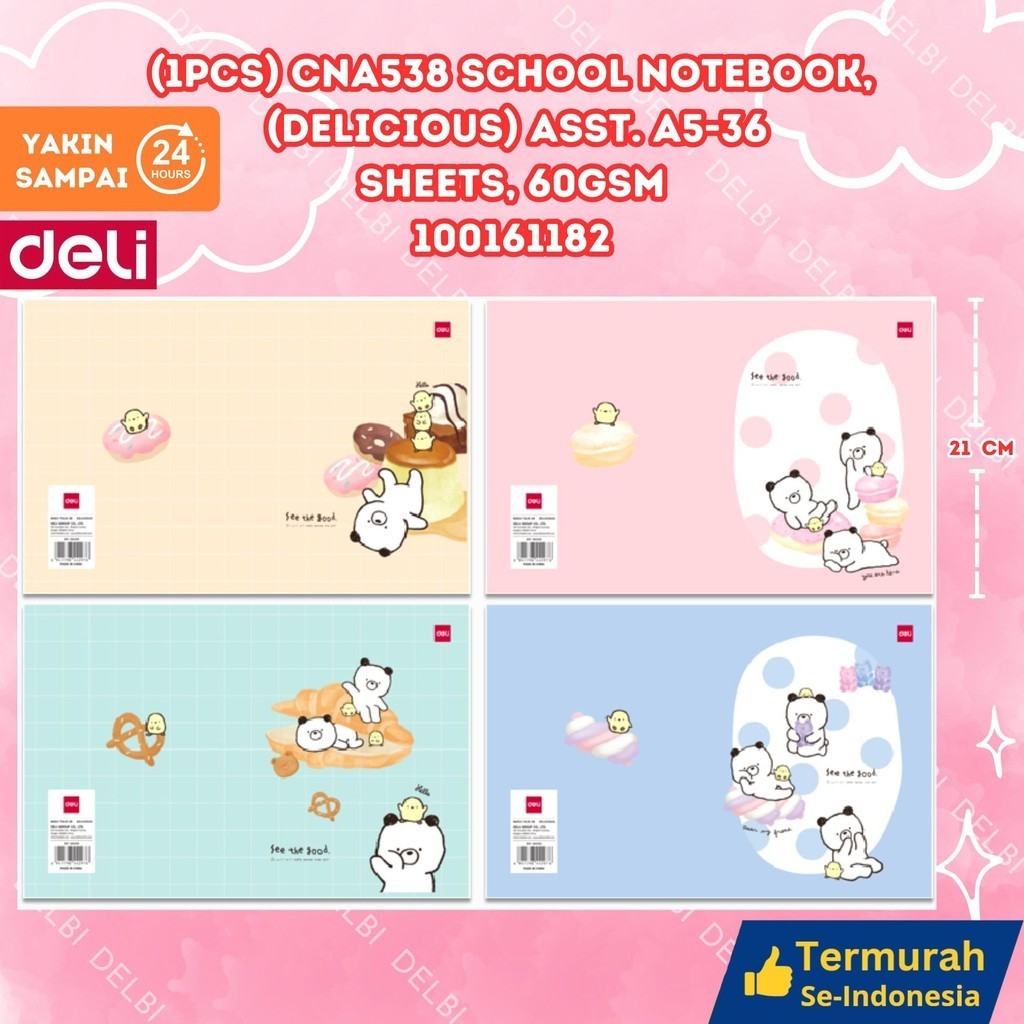 

Deli Sewing Notebook / Buku Tulis Sekolah A5 38 58 Lembar Isi 10 CNB542 (1PCS) CNA538 SCHOOL NOTEBOOK, (DELICIOUS) ASST. A5-36 SHEETS, 60GSM