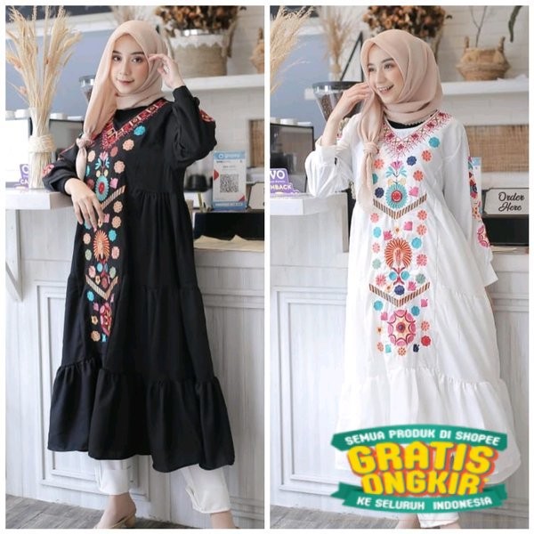 BBL / anna long tunik full bordir cantik tunik putih lebaran baju panjang wanita tunik bordier murah