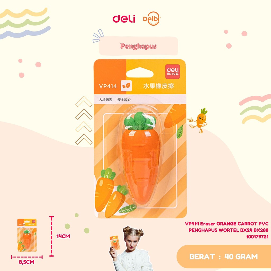 

Penghapus Deli Big Fruits Carrot (Wortel) DELI VP414 Eraser ORANGE CARROT PVC PENGHAPUS WORTEL