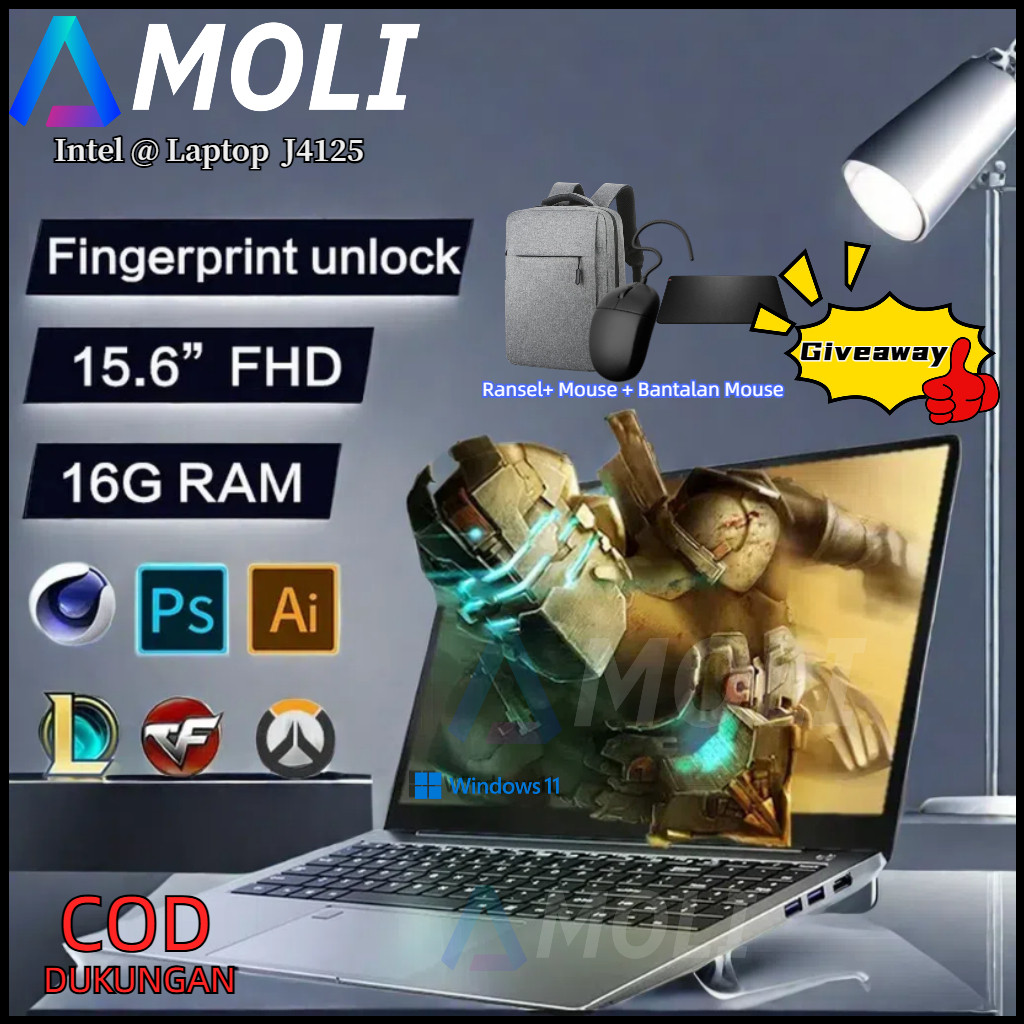 [COD]AMOLI J4125 Laptop Sidik Jari 15,6 inci 12G (RAM) + 512GB (ROM) Laptop Kantor Windows 11, Lapto