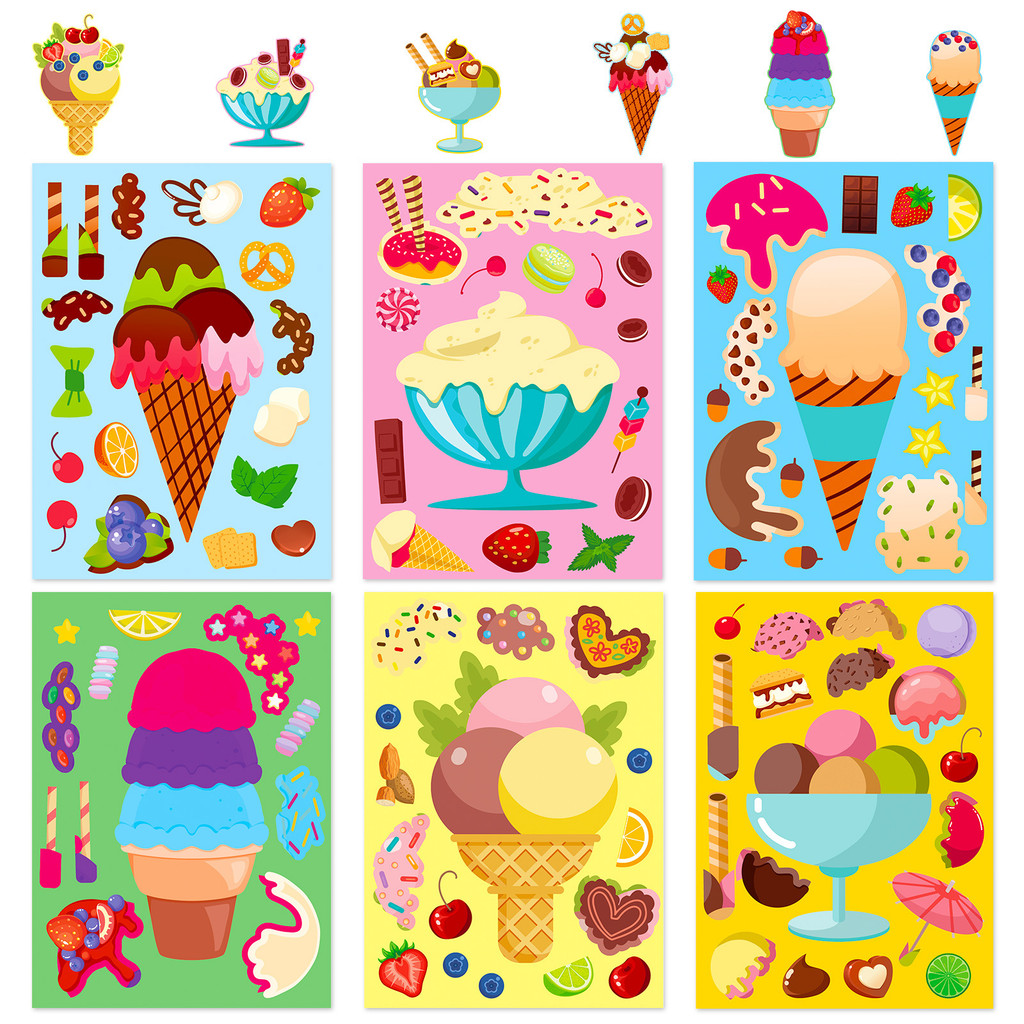 

6pcs Ice Cream Dessert DIY Cute Food Cartoon Puzzle Sticker Creative Sweet Face Changing Stickers Children's toys