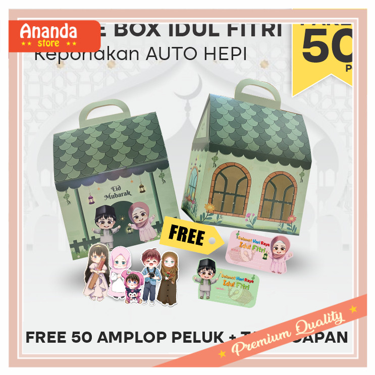 

Kado Buat Pacar Gebetan Anniversary Wisuda Teman / Gable Box Hampers Lebaran 50pcs/ Motif Rumah Idul Fitri / Parcel Hari Raya Anak Keponakan (Paket 50pcs)