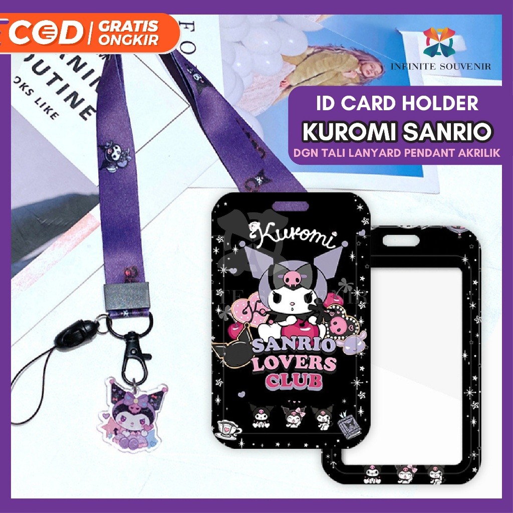 

[N003] KUROMI UNGU / Name Tag ID Card Holder Motif Karakter Sanrio Kuromi dengan Tali Lanyard Pendant Akrilik