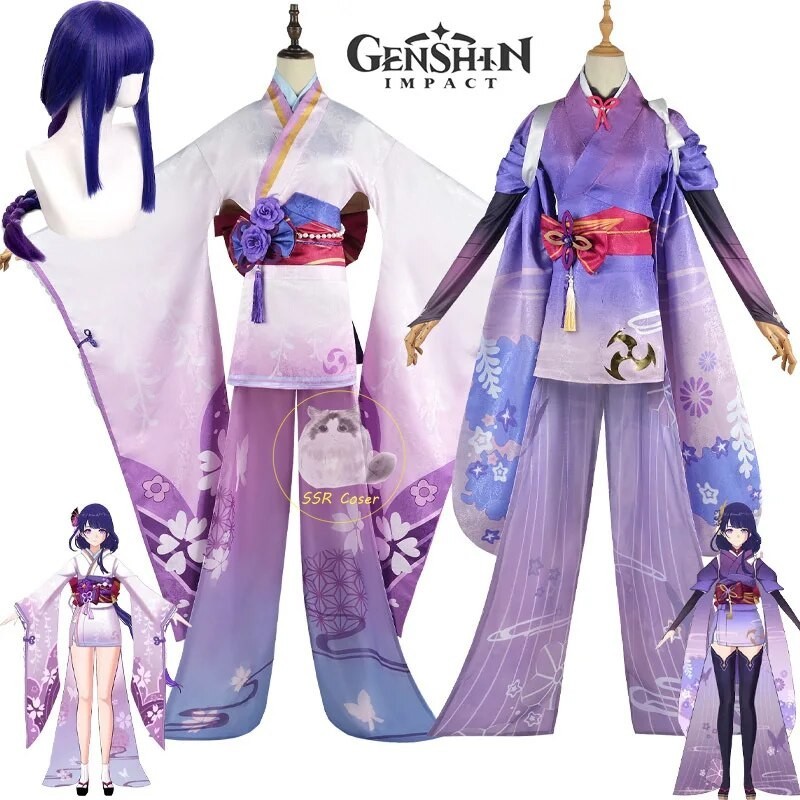 PREORDER Genshin Impact Shogun Raiden Ei Makoto Beelzebul Cosplay Costume Kimono Wig Set Maid Dress 