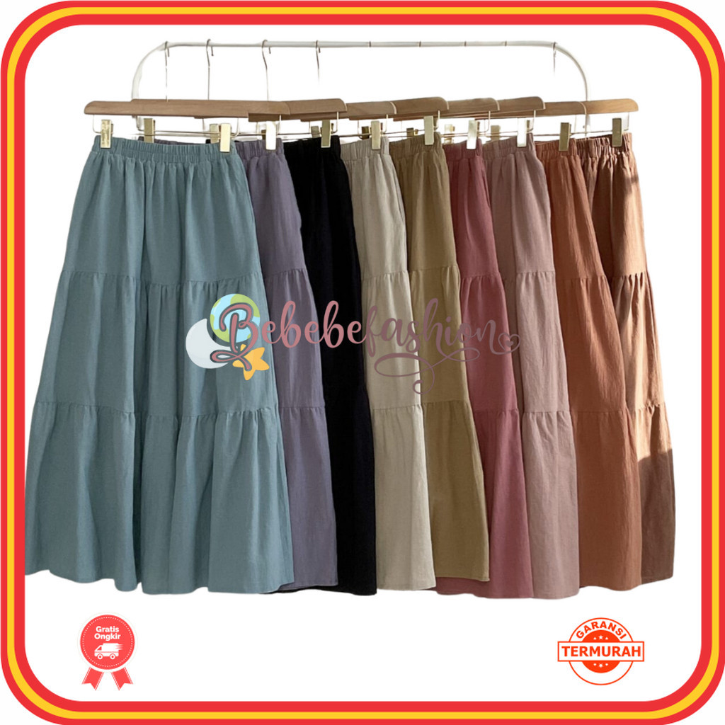 Celana Rok Bawahan Wanita Keren Kekinian Korean Style Original / Rhania Linen Tier Skirt | Rok Panja