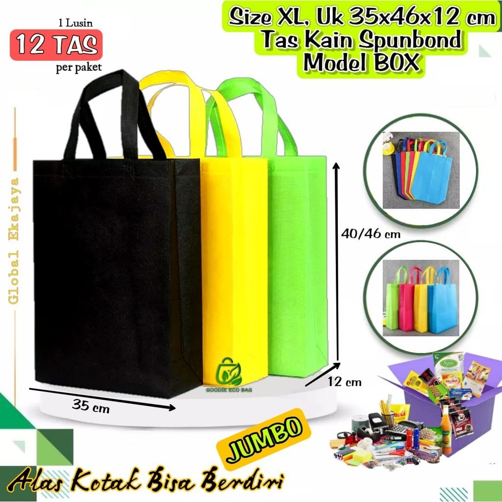 

Model BOX Jumbo Lusinan Isi 12 Tas Kain SpunBond Uk 35x46x12 cm Kantong Belanja Sembako Totebag