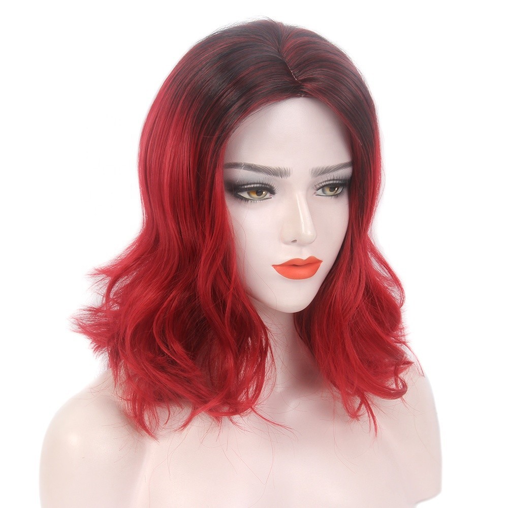 Wig Mode Wanita Medium Pendek Centre Berpisah Wig Merah Rambut Sintetis Warna Ombre