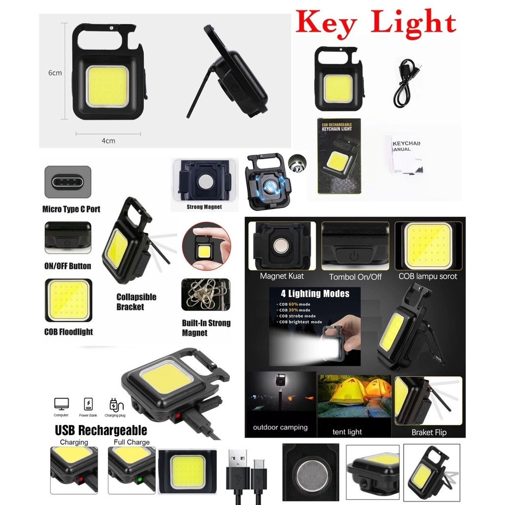 [FP] Lampu Mini COB Keychain Light senter super terang Lampu Emergency Mini Cas USB lampu LED cas mi