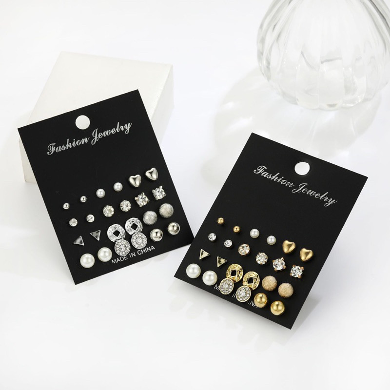 [COLA] Anting Anting Set Isi 12 Pasang Anting Fashion Wanita Aksesosis Anting Mutiara Emas Perak