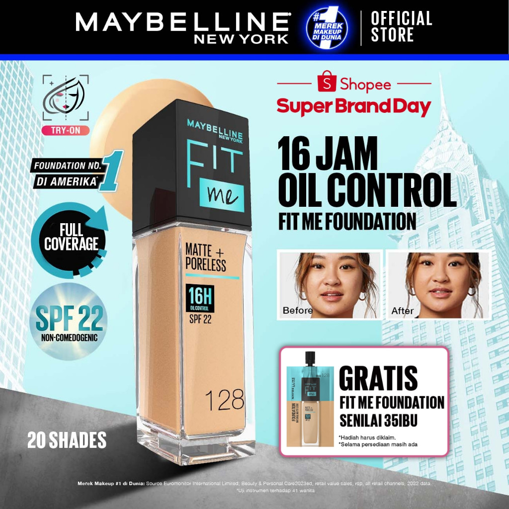 Alif MAYBELLINE OFFICIAL Fit Me Matte + Poreless Liquid Foundation Make Up 30ml SPF 22 Makeup Ringan
