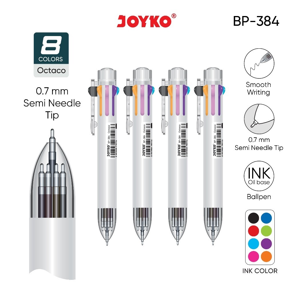 

Ball Pen BP-384 Pulpen Pena Joyko Octaco 0.7 mm 8 Warna Colors