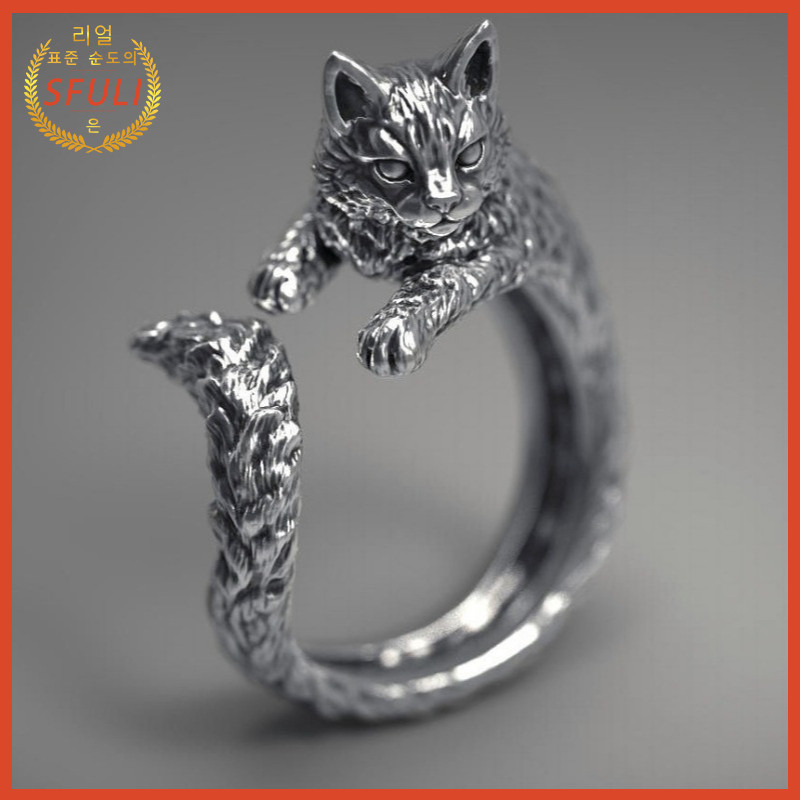 S925 Perak Retro Thailand Perak Cincin Kucing Hitam Anak Kucing Ring Hidup Perempuan