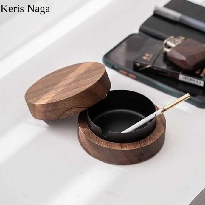 new produk  Asbak Rokok Wood Stainless Steel Cigarette Ashtray with Lid - KS55 - Appiliance Store te