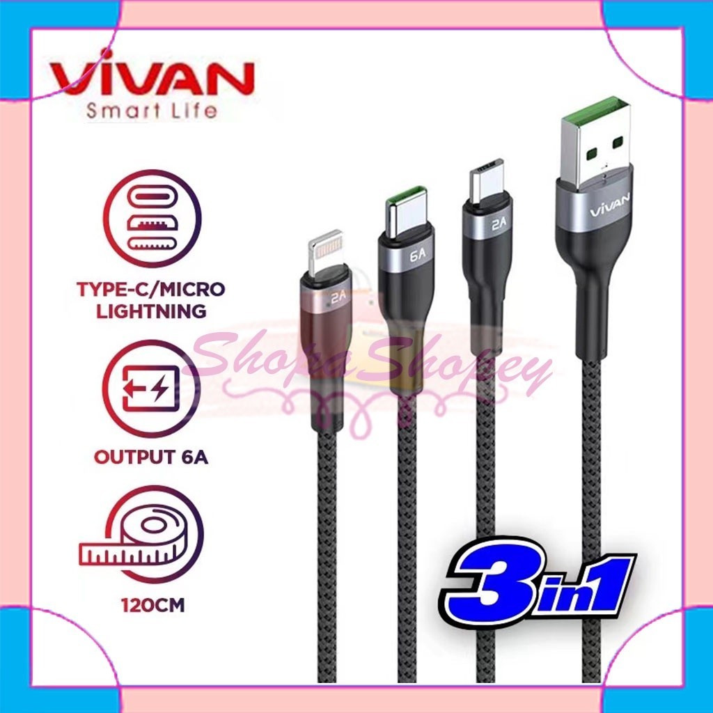 Kabel Data 3in1 VIVAN VYT120S Fast Charging 3 in 1 6A Micro USB Lightning Type C Garansi Resmi 1 Tah