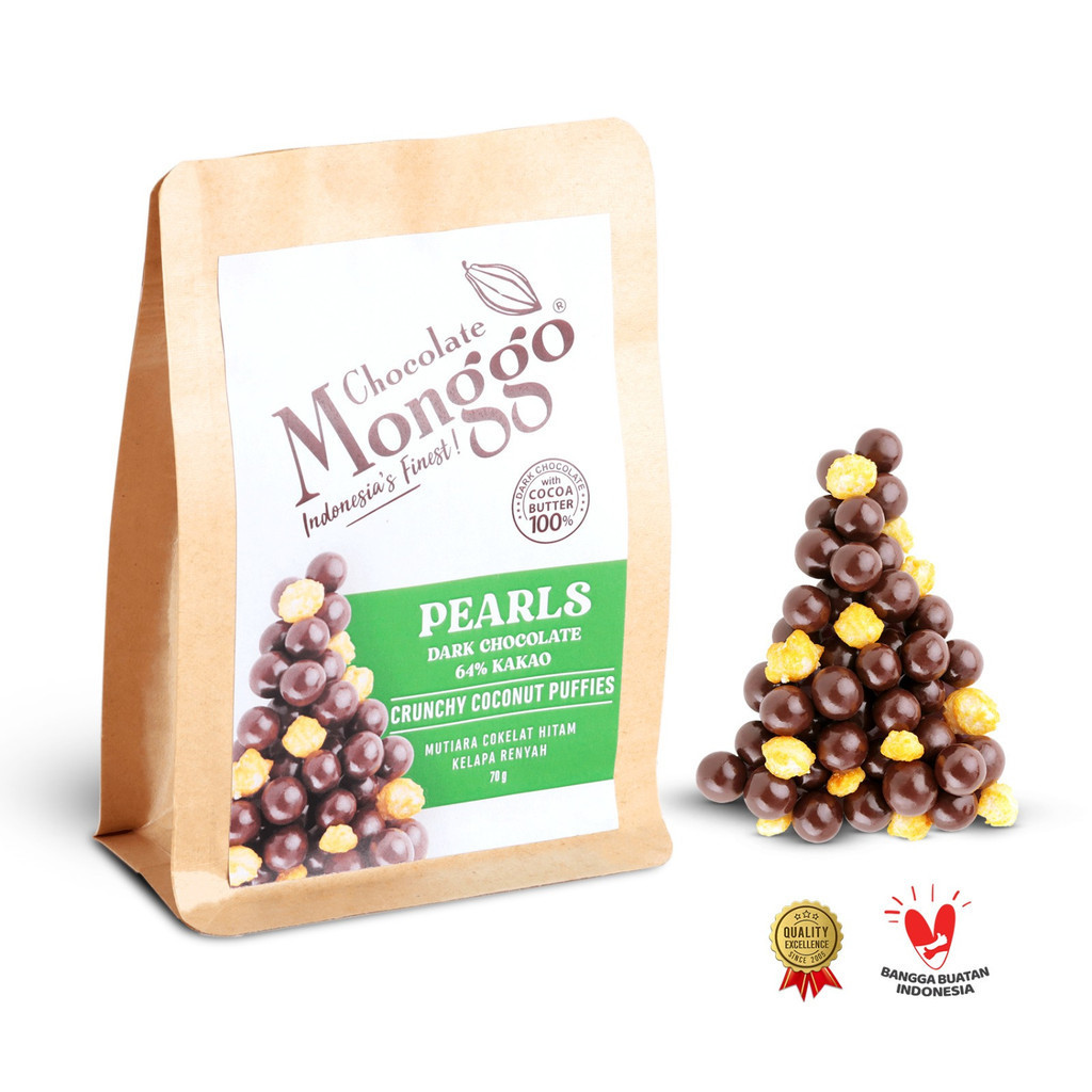 

Chocolate Monggo | Pearls 64% & Coconut Puffies Cocoa 75g | Snack Coklat