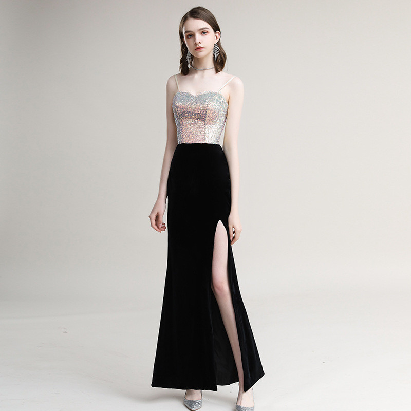 FW24-29117 Gaun Pesta Wanita. Women's Color-Block Sequins Glitter Tube Top Black Slit Evening Dress