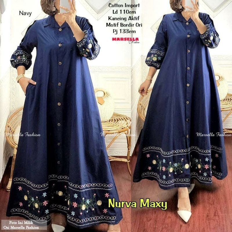 MUFASH - Gamis Katun Bordir Premium Nurva Maxy / Edlyn Maxy by Fashion Solo Bisa COD