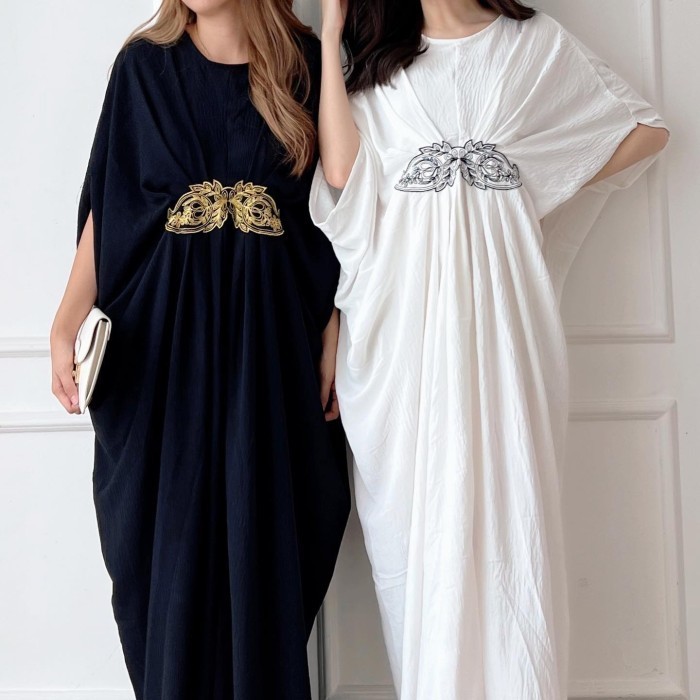 DRESS KAFTAN PANJANG | 9-272 AILYA KAFTAN JUMBO HITAM PUTIH BIGSIZE - Hitam