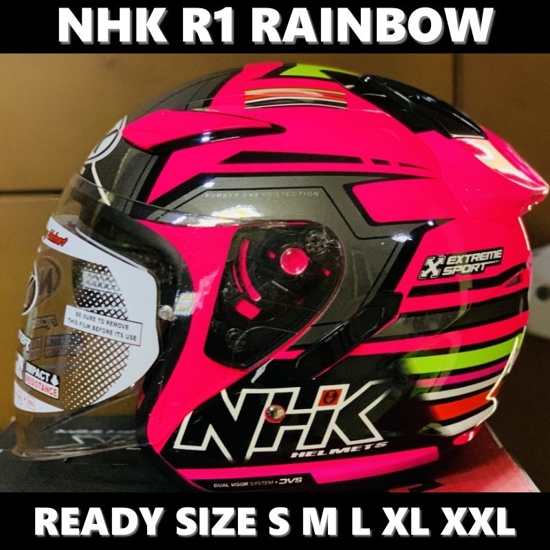 PROMO Helm NHK R1 Rainbow Pink Fluo Double Visor Half Face - Helem Motor SNI DOT Touring Dewasa Pria