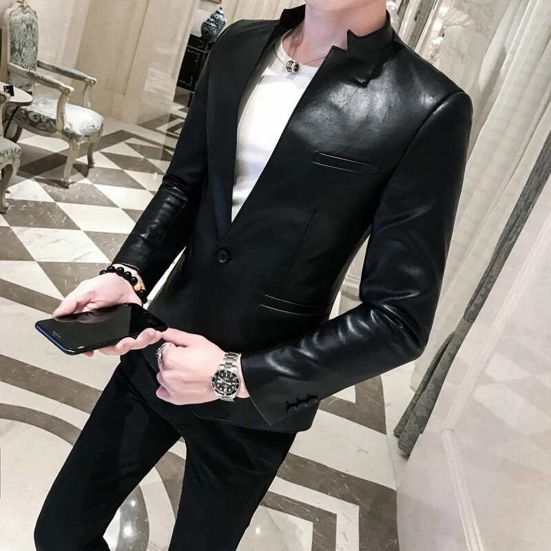 2022 Men's Solid Black Slim Suit Jacket High Quality PU Leather Jacket Men's Business Casual Prom Bl