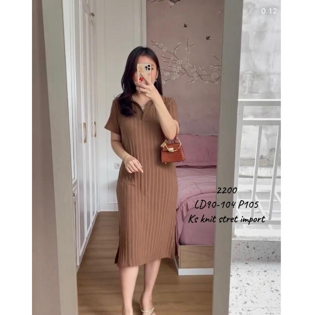 dress slit wanita terbaru 2024 dres knit hornet kerah import lengan pendek terlaris terpopuler