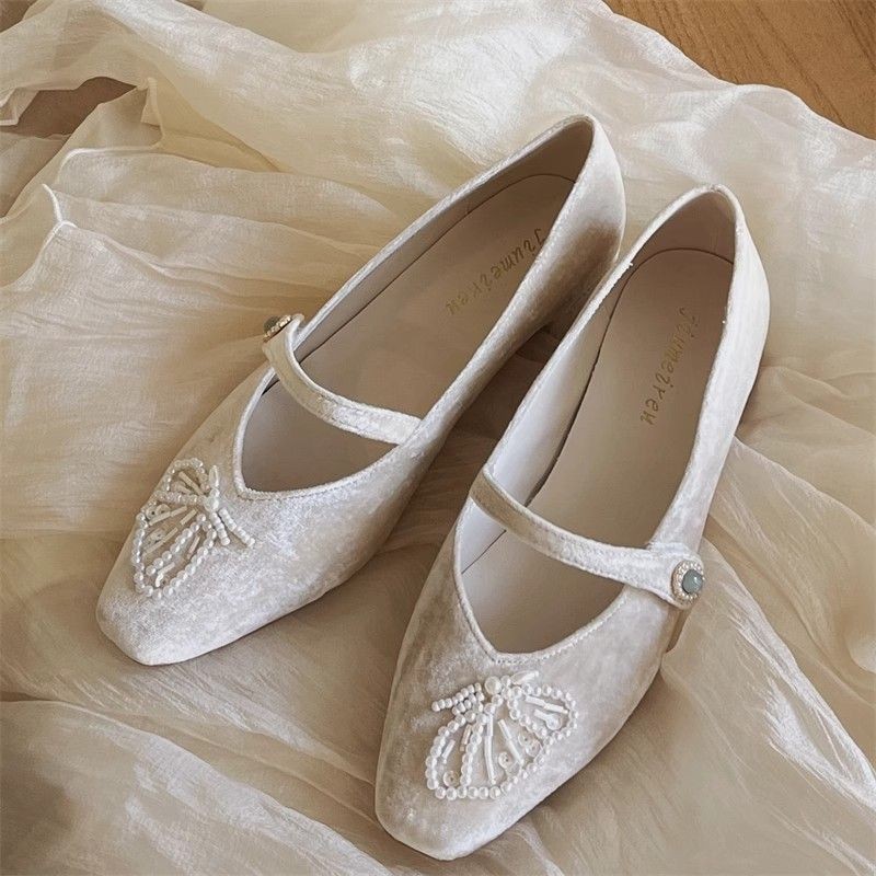 Retro style nail bead velvet Mary Jane women's single shoe square heel