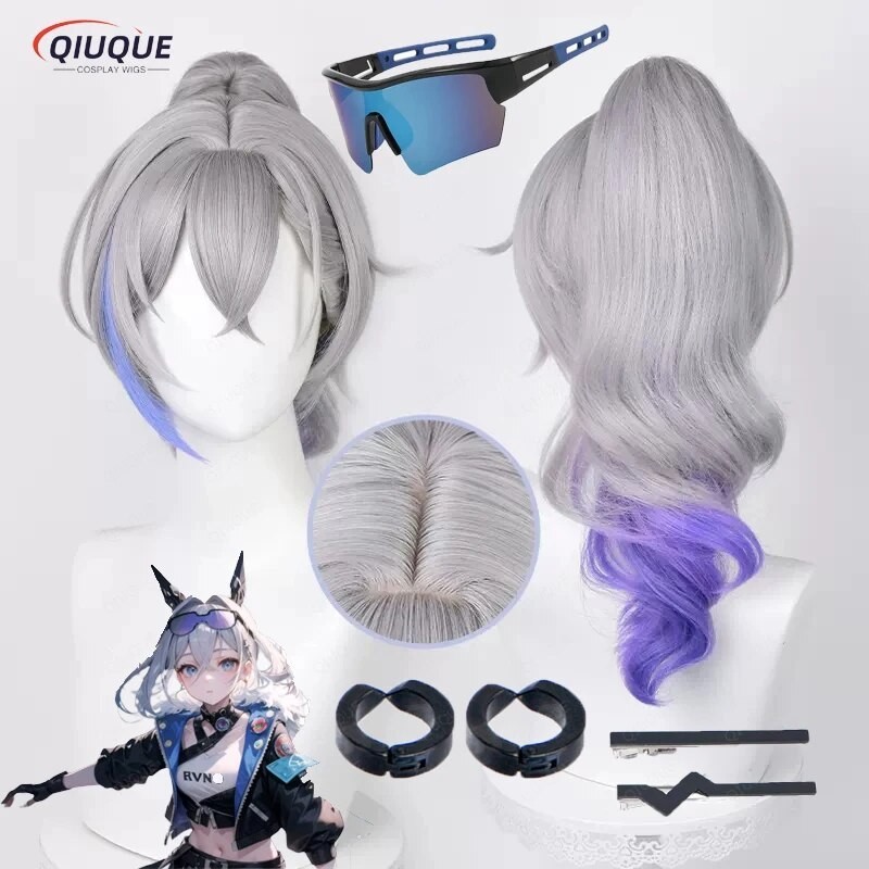Honkai Wig Cosplay Game rel Bintang Perak serigala Wig Cosplay perak abu-abu gradien ungu tahan pana