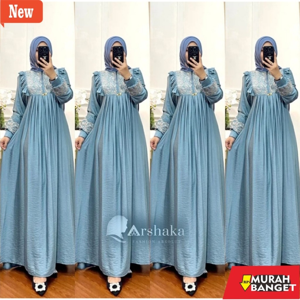 GAMIS WANITA UNTUK LEBARAN- Gamis Bordir Model Baru Kondangan Bahan Crinkle Airflow Zipper Depan