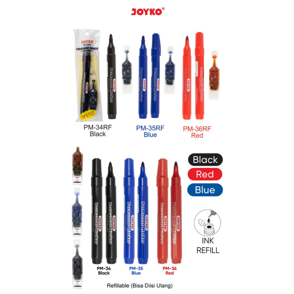 

Permanent Marker Spidol Permanen Joyko PM-34RF / PM-35RF / PM-36RF / PM-34 / PM-35 / PM-36 / PMI-201 / PMI-202 / PMI-203 Round Tip Free Refill - Spidol yang Berseri-seri Dunia Warna di Ujung Jari Anda