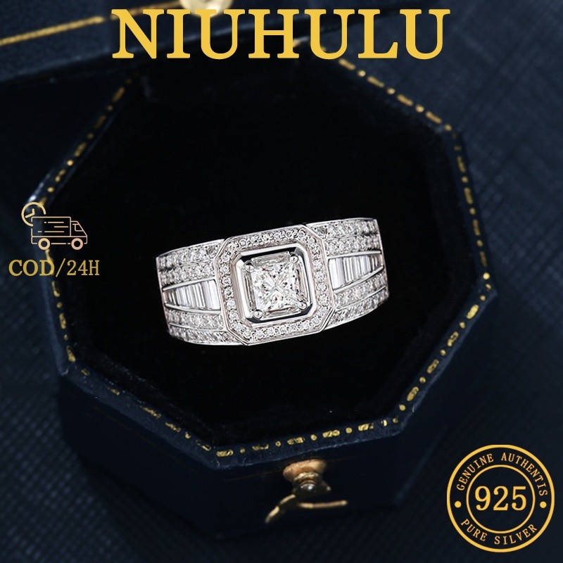 Cincin Emas Putih 18K Pria Mewah 1 Karat 5A Cincin Temperamen Mode Zirkon